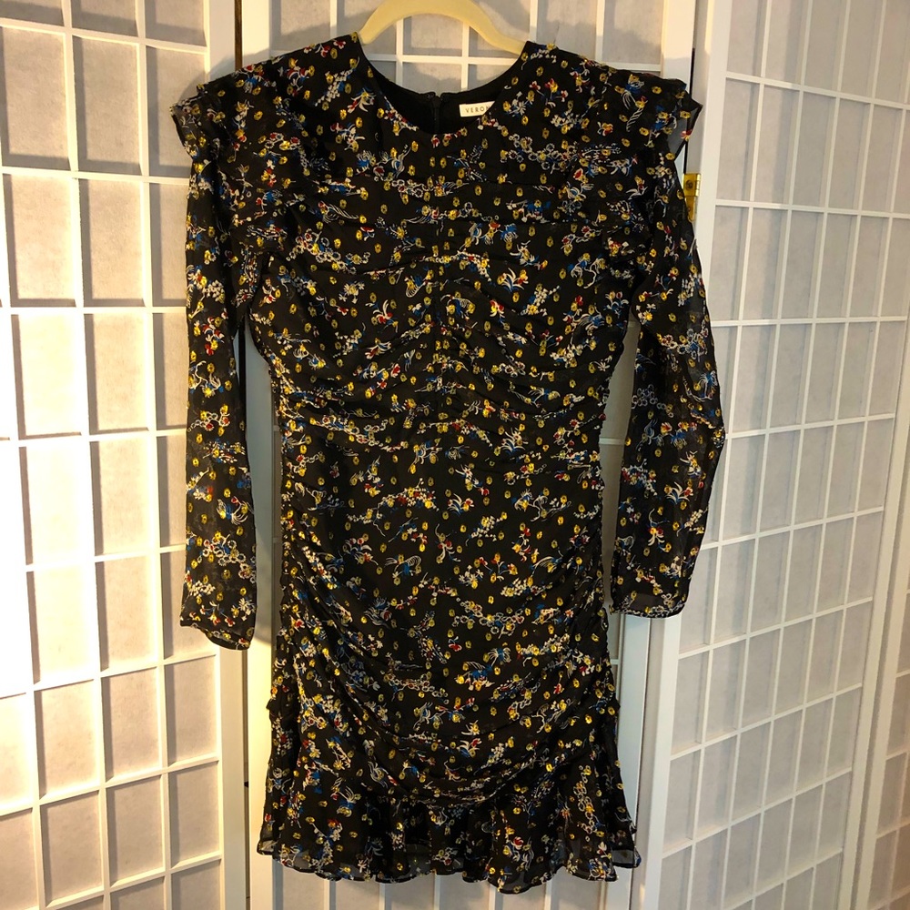 Veronica Beard Black Long Sleeve Floral Ruffle Dress